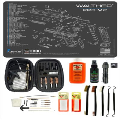EDOG 29 Pc Pistol Cleaning System - Compatible with Walther PPQ Mod 2 - Schematic (Exploded View) Mat, Range Warrior Universal .22 9mm - .45 Kit & Clenzoil CLP & Gun Oil & Patchs