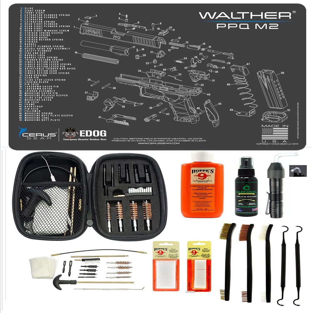 EDOG 29 Pc Pistol Cleaning System - Compatible with Walther PPQ Mod 2 - Schematic (Exploded View) Mat, Range Warrior Universal .22 9mm - .45 Kit & Clenzoil CLP & Gun Oil & Patchs