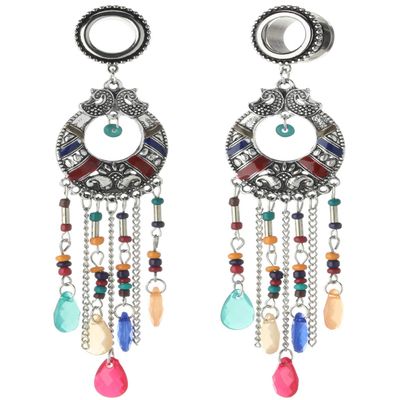 1 inch 25mm 316L Surgical Steel Multicolor Beads Tassel Dangle Ear Gauges Piercing Flesh Tunnels Plugs Statement Earrings