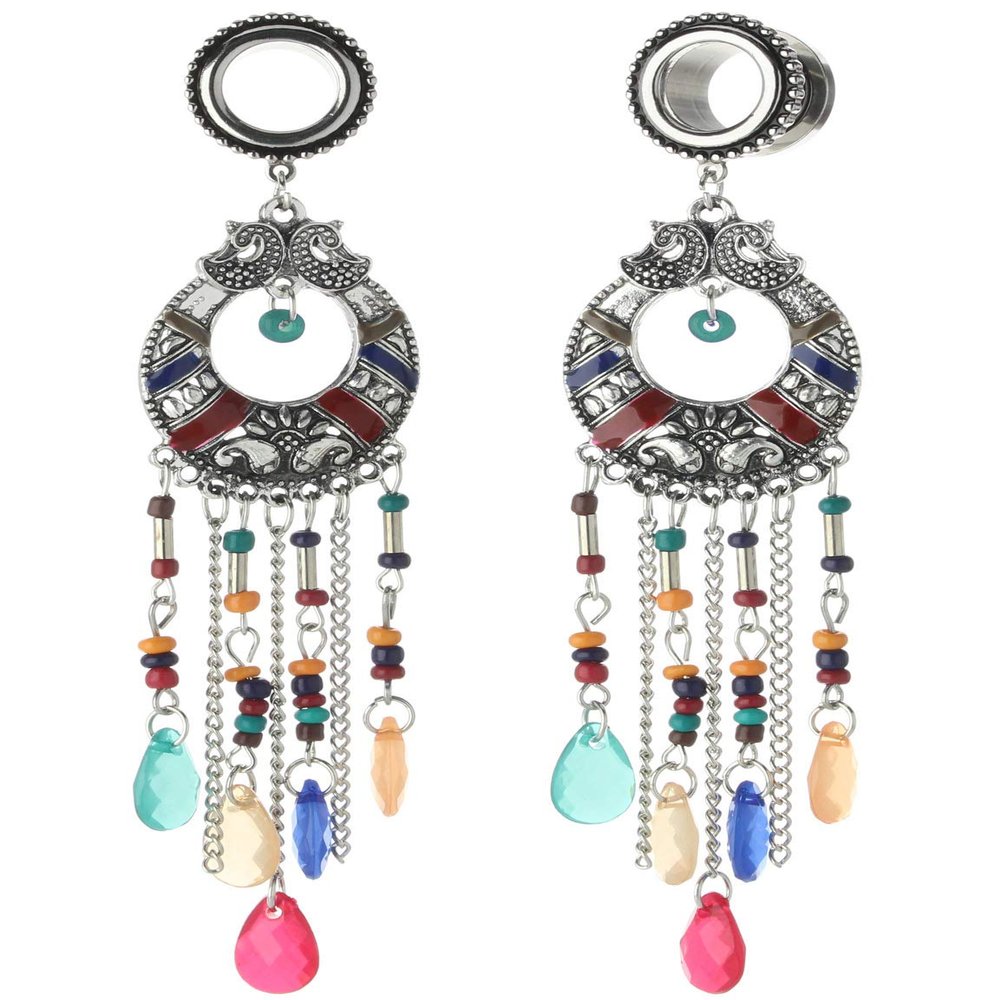 1 inch 25mm 316L Surgical Steel Multicolor Beads Tassel Dangle Ear Gauges Piercing Flesh Tunnels Plugs Statement Earrings