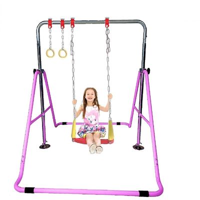 Gymnastics Bar for Kids Expandable Kip Bar 3 in 1 Set with Swing Seat, 2 Trapeze Rings Height Adjustable - Gymnastic Horizontal Bar Monkey Bar Jungle Gym Junior Training Gymnasts Balance Bar (Pink)