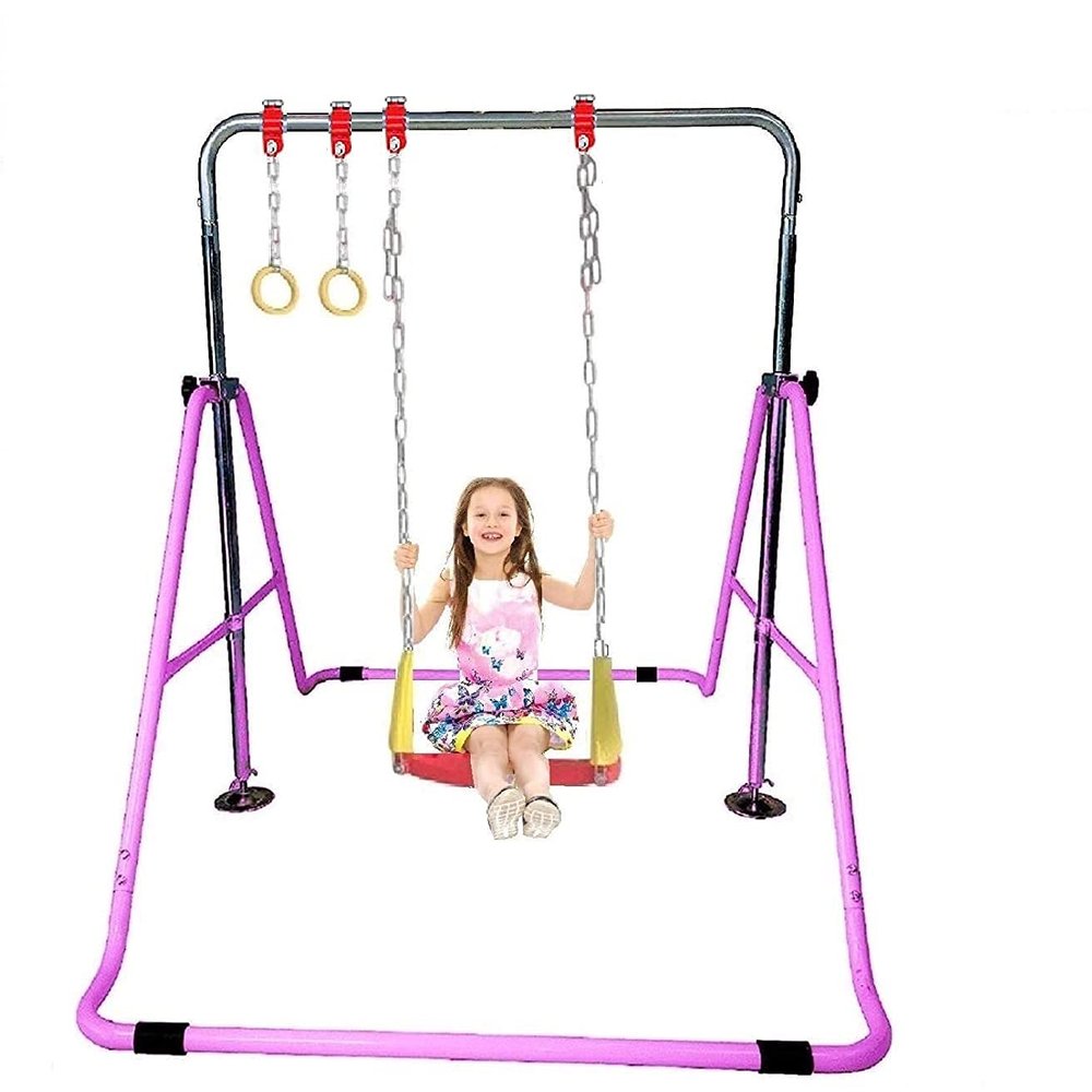Gymnastics Bar for Kids Expandable Kip Bar 3 in 1 Set with Swing Seat, 2 Trapeze Rings Height Adjustable - Gymnastic Horizontal Bar Monkey Bar Jungle Gym Junior Training Gymnasts Balance Bar (Pink)