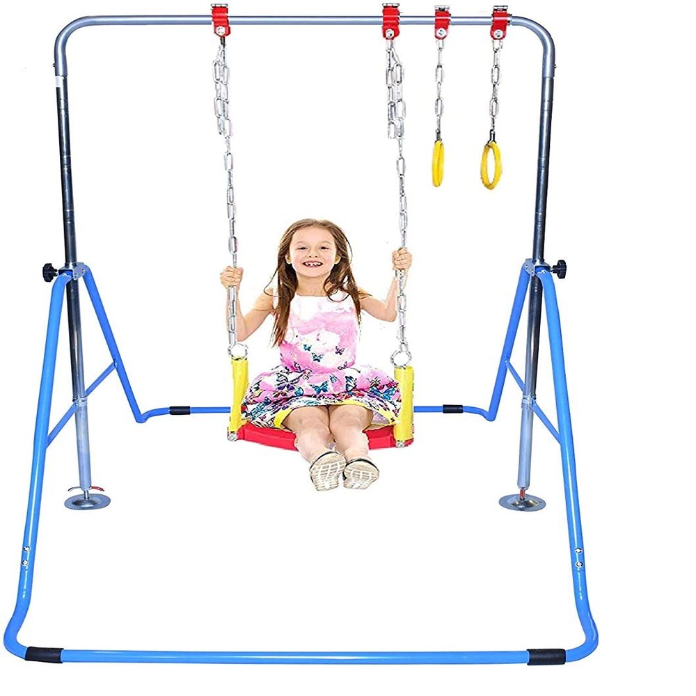 Gymnastics Bar for Kids Expandable Kip Bar 3 in 1 Set with Swing Seat, 2 Trapeze Rings Height Adjustable - Gymnastic Horizontal Bar Monkey Bar Jungle Gym Junior Training Gymnasts Balance Bar (Blue)