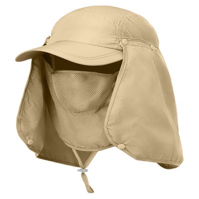 Sun Cap Fishing Hat Unisex Adult 360% UV UPF 50+ Solar Protection, Lightweight Outdoor Summer Wide Brim Visor with Detachable Neck Flap & Face Cover Mask, Quick Dry, Windproof, for Beach, Khaki