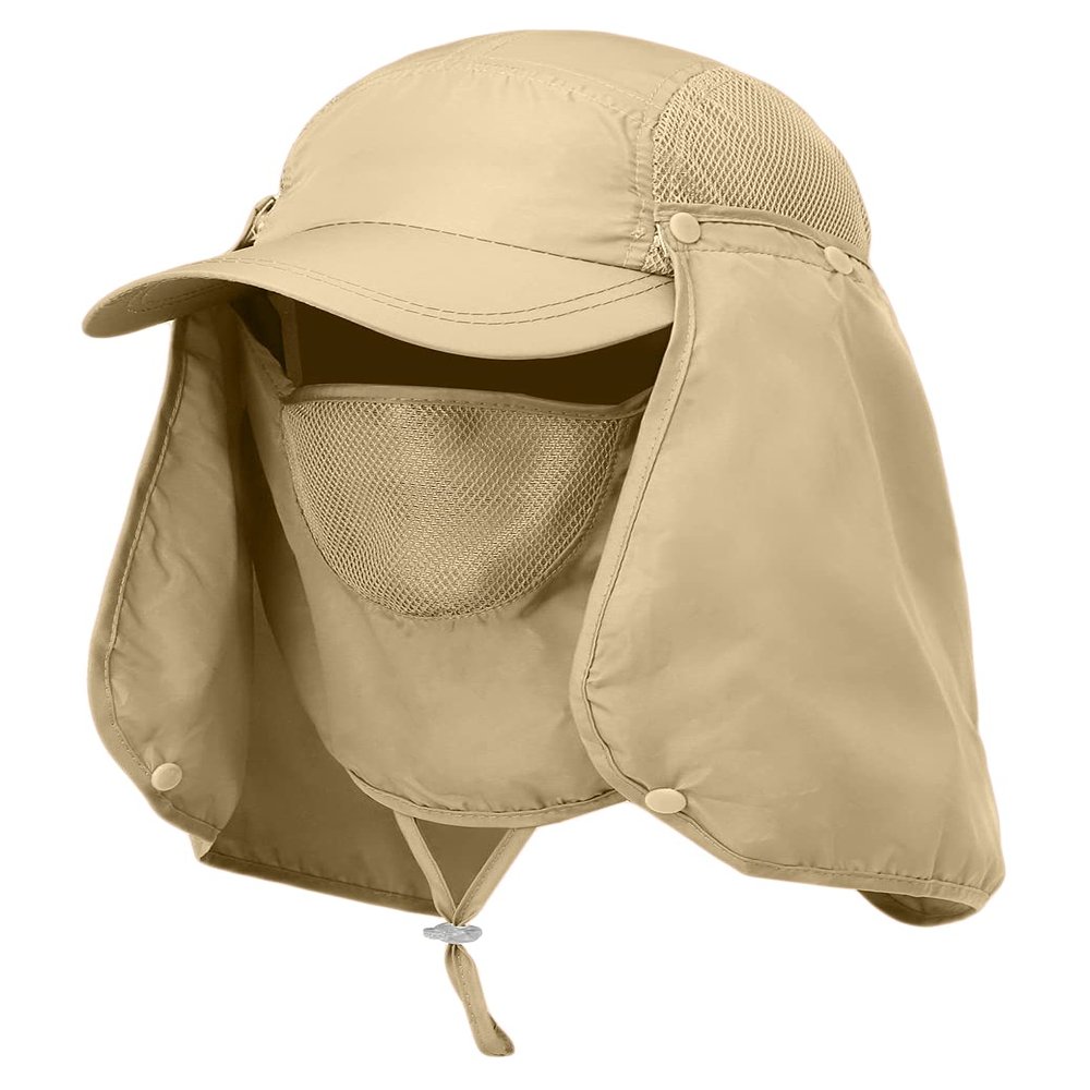 Sun Cap Fishing Hat Unisex Adult 360% UV UPF 50+ Solar Protection, Lightweight Outdoor Summer Wide Brim Visor with Detachable Neck Flap & Face Cover Mask, Quick Dry, Windproof, for Beach, Khaki