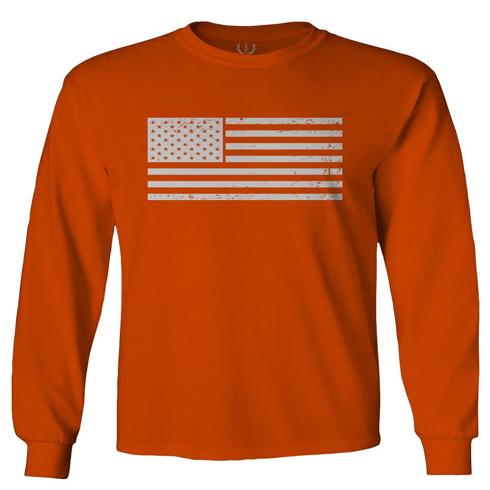 0006. Vintage USA United States of America American Patriotic Proud Flag Style Men's Long Sleeve t Shirt (Orange 2X Large)
