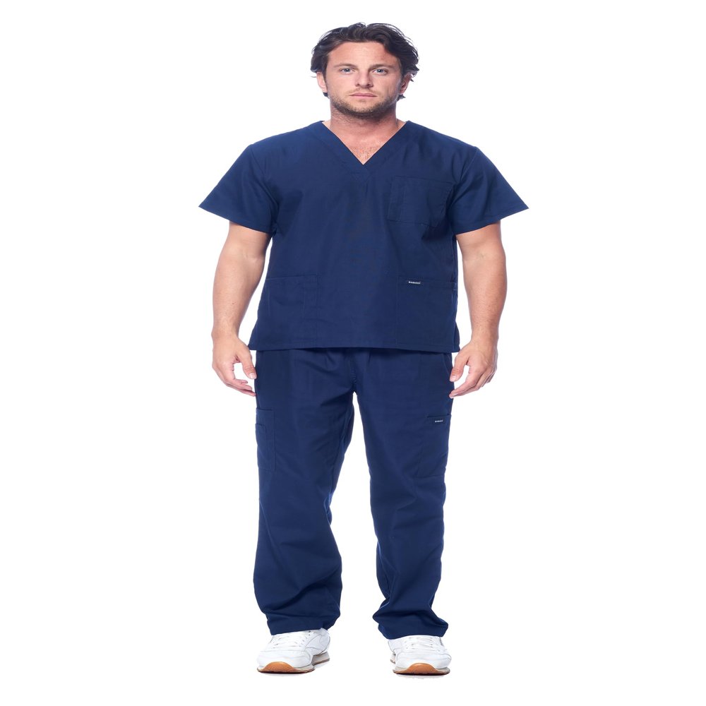Dagacci Scrubs for Men Set - V-Neck Scrub Top and Cargo Pants - 8 Pockets Men Scrubs Set (Small, Navy Blue)