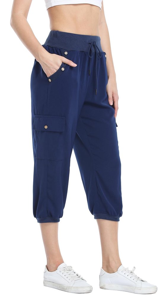 MISS MOLY Women's 2025 Cargo Capris Travel Pants Summer Cropped Loose Harem Pants Sweatpants Joggers with Pockets Blue XS