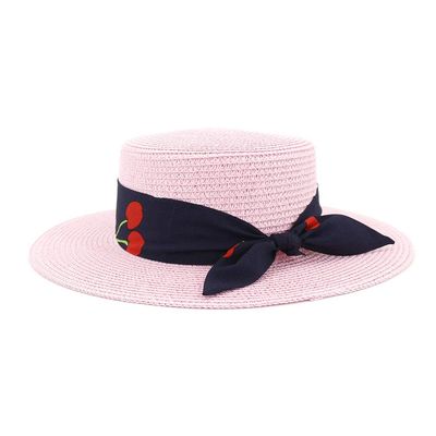 2021 Sun hat Women Men Sun Hats Bow Hand Made Straw Cap Beach Flat Brim hat Casual Girls Summer Cap (Color : Pink, Size : 56-58cm)