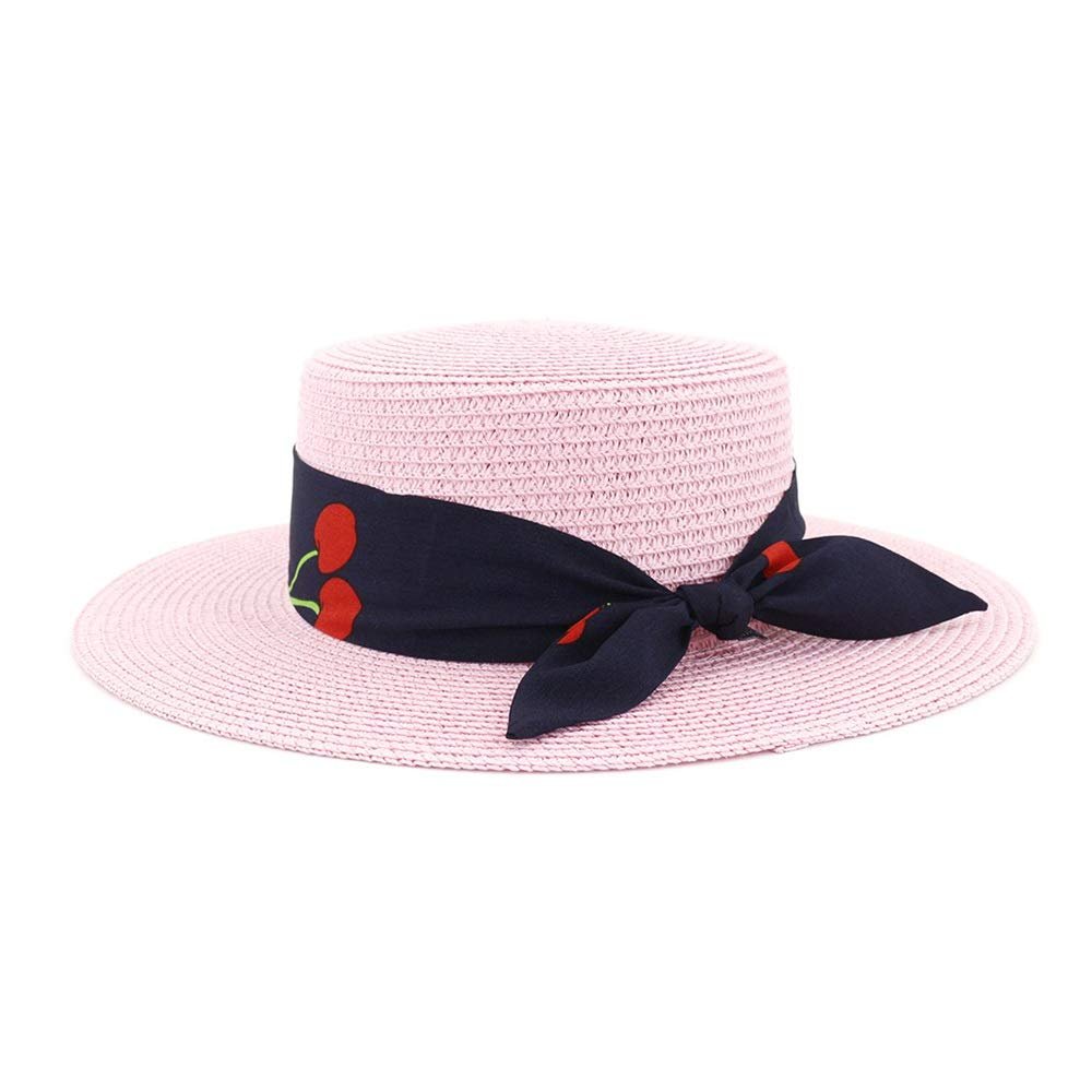 2021 Sun hat Women Men Sun Hats Bow Hand Made Straw Cap Beach Flat Brim hat Casual Girls Summer Cap (Color : Pink, Size : 56-58cm)