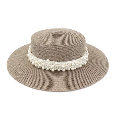 French Retro Women Travel Sun Hat Flat Top Hat Outdoor Travel Straw Holiday Pearl Weaving Belt Aristocratic Hat Beach Hat (Color : Light Coffee, Size : 56-58cm)