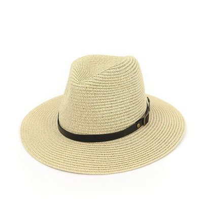 2021 Summer Lady Straw Jazz Fedora Hat with Belt Buckle Flat Brim Panama Beach Hat Outdoor Travel Vacation Sun Hats (Color : Light Khaki, Size : 58cm)