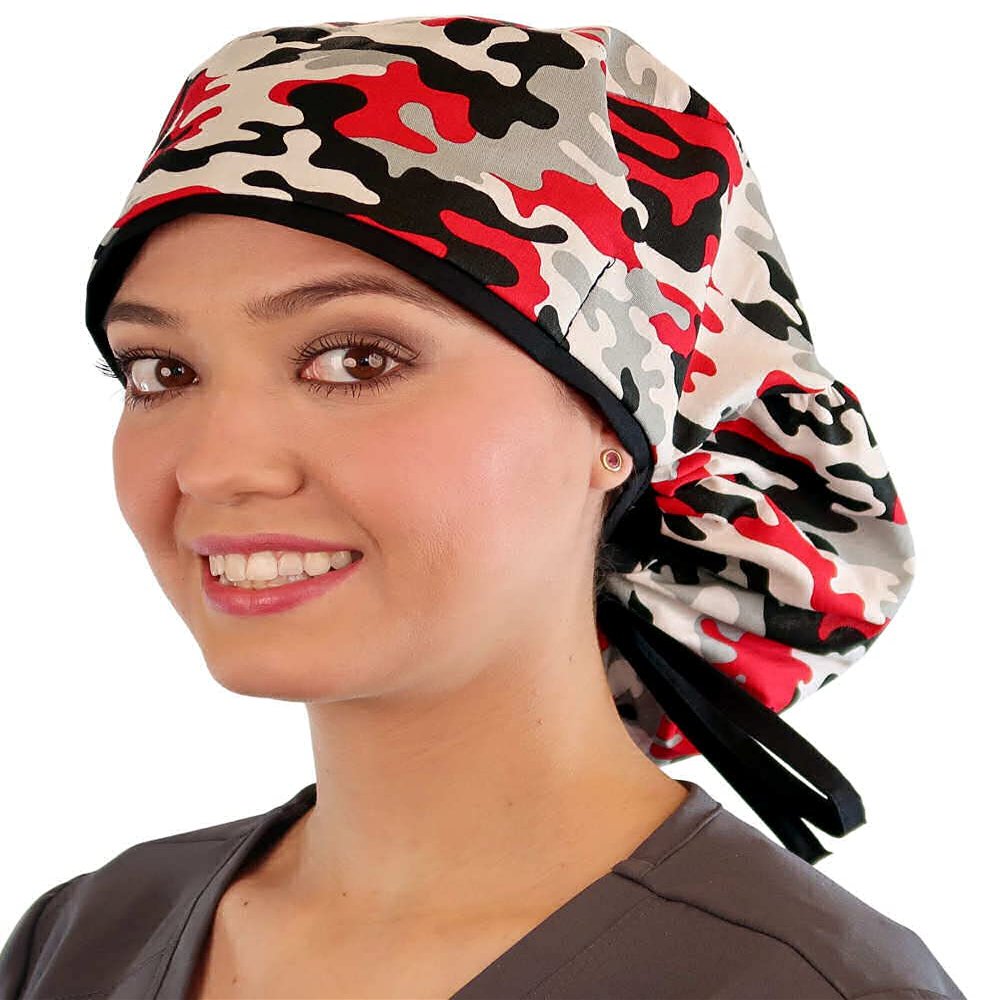 Sparkling EARTH Red, Black and Grey Gray Camouflage Cotton Big Hair Ponytail Surgical Style Scrub Cap with Sweatband - Made in The USA!