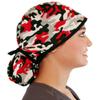 Sparkling EARTH Red, Black and Grey Gray Camouflage Cotton Big Hair Ponytail Surgical Style Scrub Cap with Sweatband - Made in The USA! view 3
