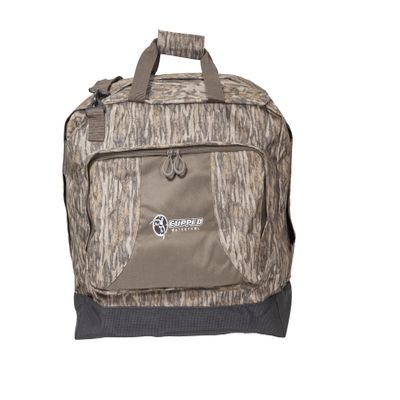 Cupped Waterfowl Camo Wader Storage Bag, Expandable Duck Hunting Wader Bag with Fold-Out Neoprene Mat and Waterproof Pockets, Mossy Oak Bottomland Camo