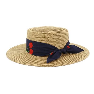 2021 sun hat women men sun hats bow hand made straw cap beach Flat brim hat casual girls summer cap (Color : Light coffee, Size : 56-58cm)