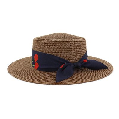 2021 Sun hat Women Men Sun Hats Bow Hand Made Straw Cap Beach Flat Brim hat Casual Girls Summer Cap (Color : Coffee, Size : 56-58cm)