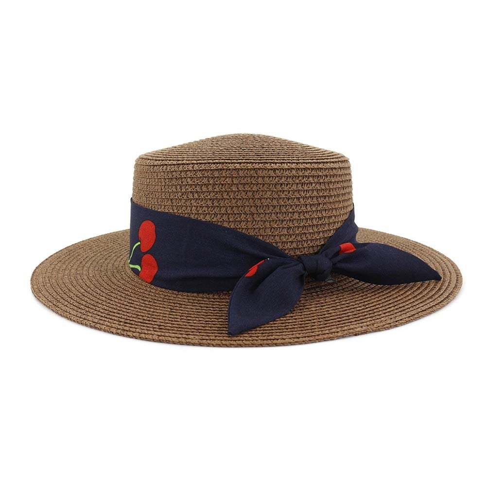 2021 Sun hat Women Men Sun Hats Bow Hand Made Straw Cap Beach Flat Brim hat Casual Girls Summer Cap (Color : Coffee, Size : 56-58cm)
