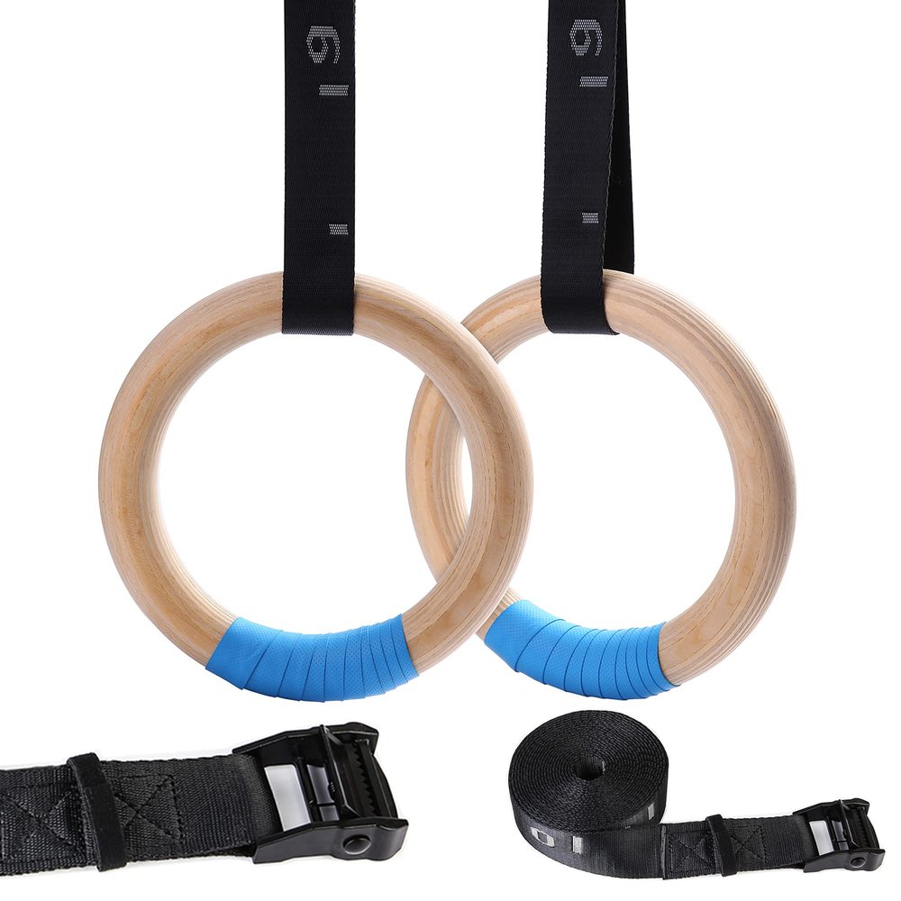 YOELVN Wooden Gymnastic Rings with Adjustable Number Suspension Trainer Straps 15ft Olympic Rings 32mm/28mm Heavy Duty 1543lbs/992lbs for Pull Up Bar Workout Rings Gym Indoor Outdoor Use