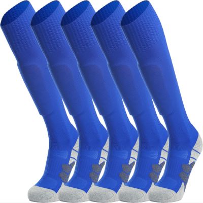 APTESOL Youth Soccer Socks Knee High Team Sport Cushion Sock Women Men Long Tube Cotton Athletic Compression Socks (5-Pair Blue-A,X-Small)