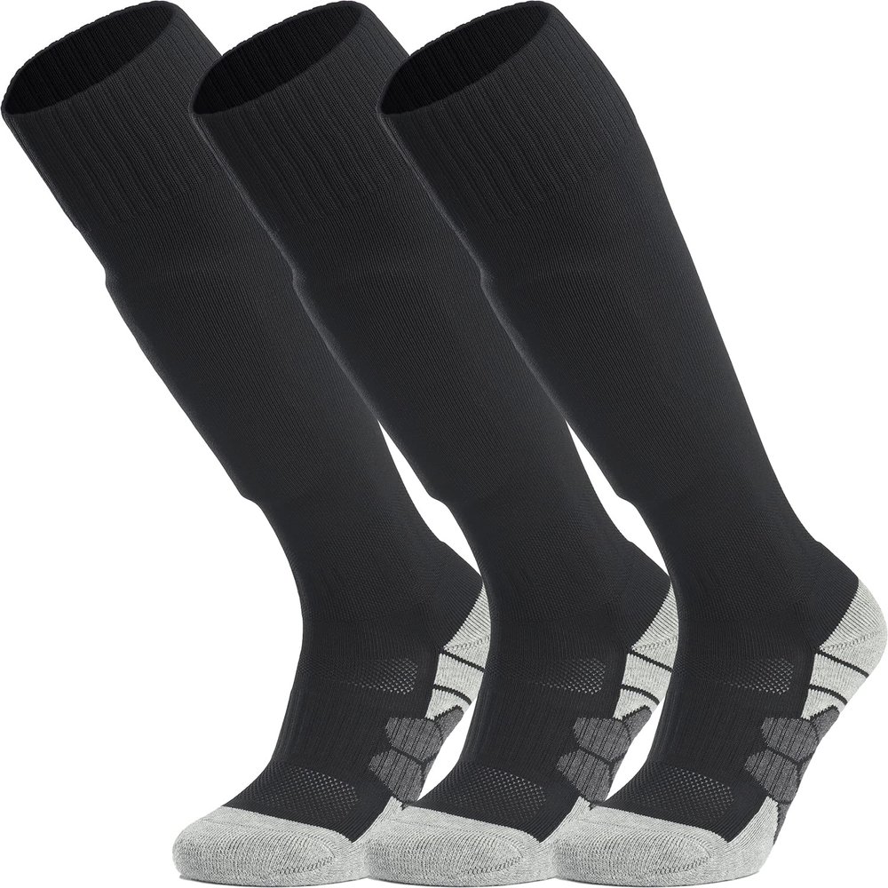 APTESOL Youth Soccer Socks Knee High Team Sport Cushion Sock Women Men Long Tube Cotton Athletic Compression Socks (3-Pair Black-A,X-Small)