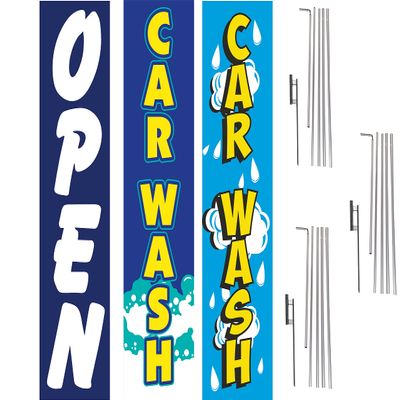 COBB PROMO Open Car Wash Advertising Rectangle Boomer Feather Flags Complete Kits with Three Flag Poles and Three Ground Spikes Blue Yellow