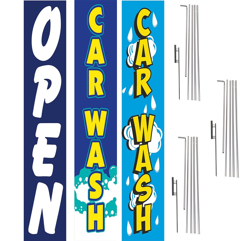 COBB PROMO Open Car Wash Advertising Rectangle Boomer Feather Flags Complete Kits with Three Flag Poles and Three Ground Spikes Blue Yellow