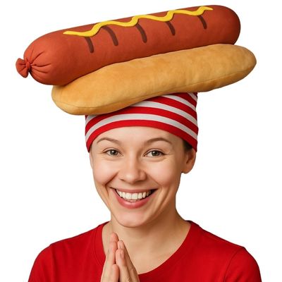 ArtCreativity Funny Hot Dog Hat, Fun Fast Food Hotdog Hat for Adults, Soft Plush Costume Accessory, Pizza Party Supplies Decorations, One Size Fits Most for Halloween
