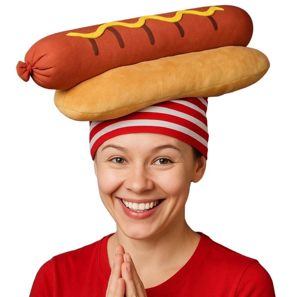 ArtCreativity Funny Hot Dog Hat, Fun Fast Food Hotdog Hat for Adults, Soft Plush Costume Accessory, Pizza Party Supplies Decorations, One Size Fits Most for Halloween