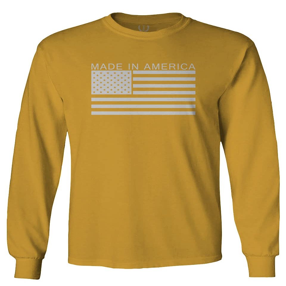 0010. Patriotic American Proud Made in USA United States America Flag Military Patriotic Style Men's Long Sleeve t Shirt (Gold Small)
