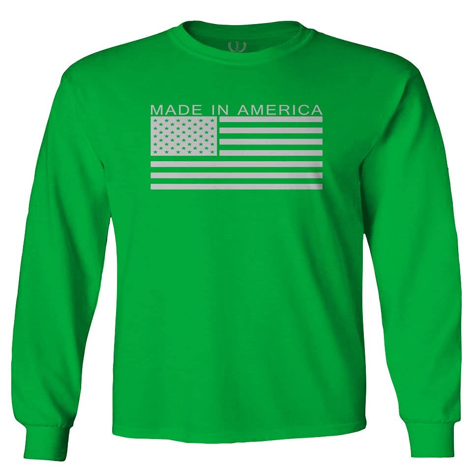 0010. Patriotic American Proud Made in USA United States America Flag Military Patriotic Style Men's Long Sleeve t Shirt (Irish Green Small)
