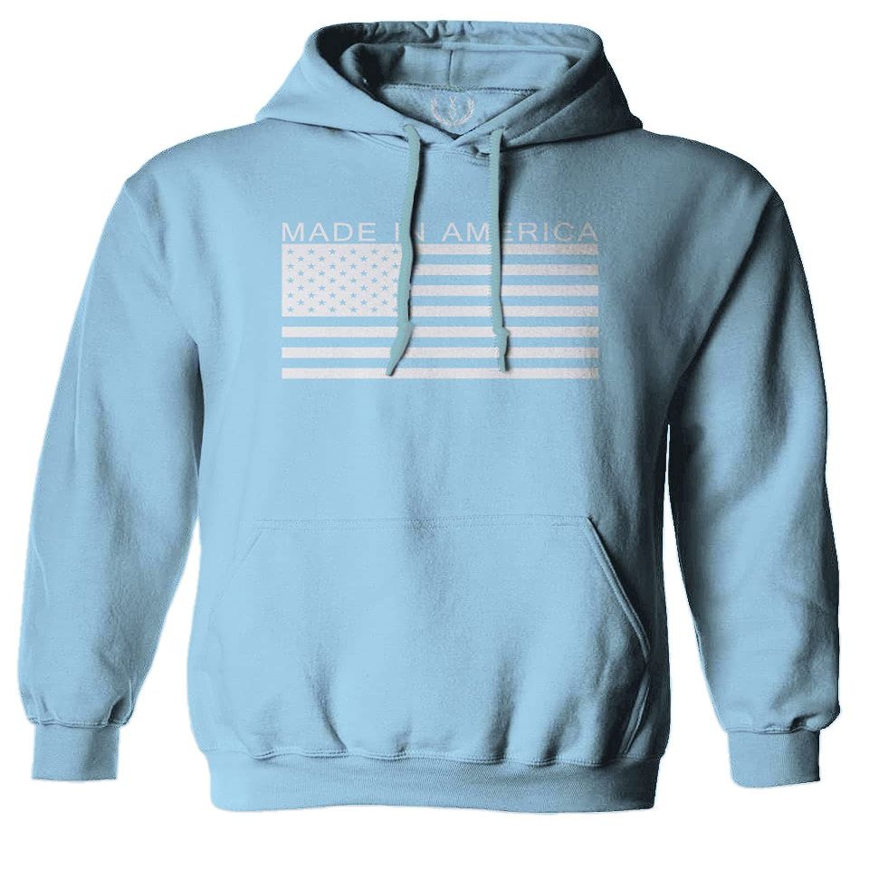 0010. Patriotic American Proud Made in USA United States America Flag Military Patriotic Style Sweatshirt Pullover Hoodie (Light Blue X-Large)