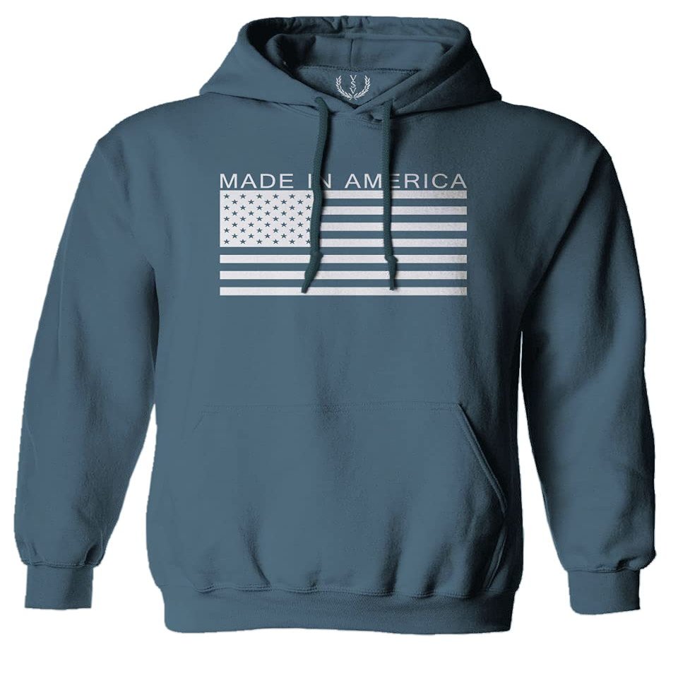 0010. Patriotic American Proud Made in USA United States America Flag Military Patriotic Style Sweatshirt Pullover Hoodie (Indigo Blue, Medium)