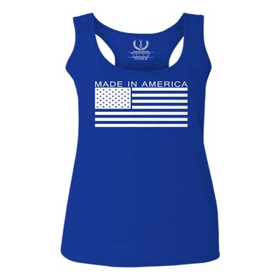 0010. Patriotic American Proud Made in USA United States America Flag Military Patriotic Style Women's Tank Top Racerback (Royal Medium)