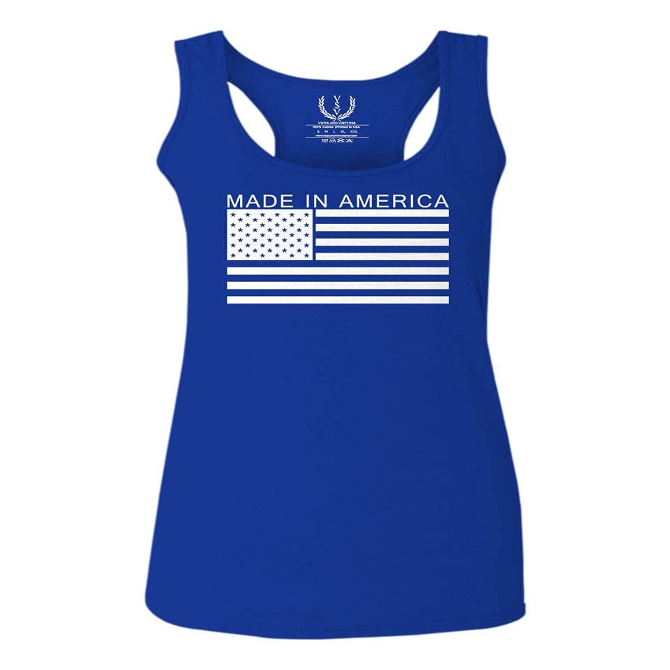0010. Patriotic American Proud Made in USA United States America Flag Military Patriotic Style Women's Tank Top Racerback (Royal Medium)