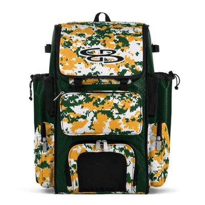 Boombah Superpack Bat Pack - Backpack Version (no wheels) - Holds 4 Bats - Camo Dark Green/Gold - For Baseball or Softball