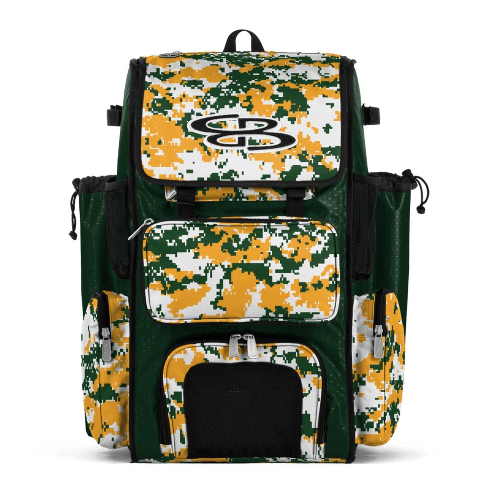 Boombah Superpack Bat Pack - Backpack Version (no wheels) - Holds 4 Bats - Camo Dark Green/Gold - For Baseball or Softball