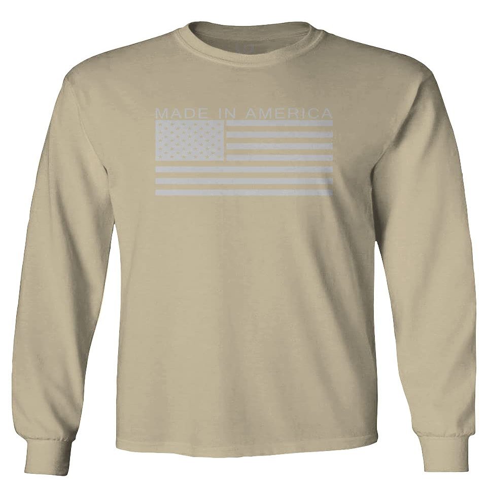 0010. Patriotic American Proud Made in USA United States America Flag Military Patriotic Style Men's Long Sleeve t Shirt (Beige 2X Large)