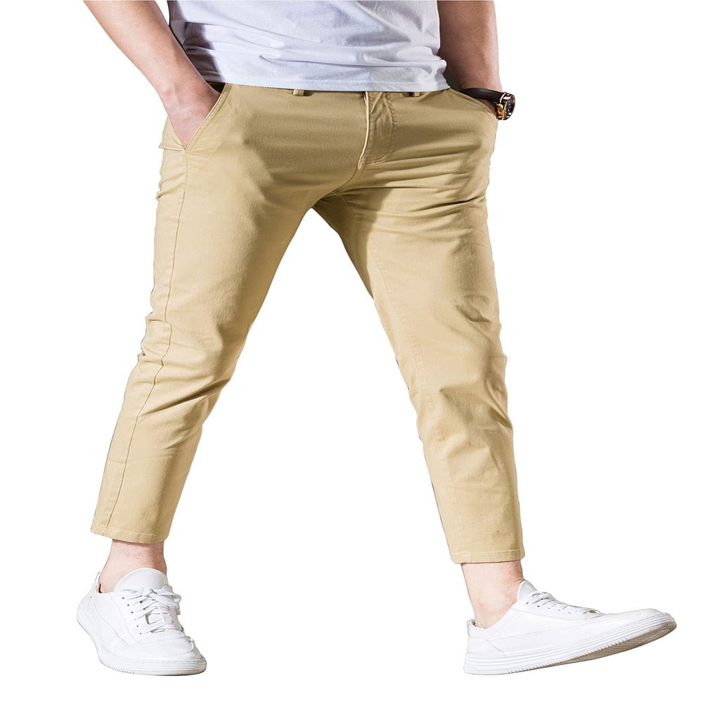 AONGSNNY Mens Cropped Chino Pants Skinny Fit Chinos Khaki Pant 128Khaki 30