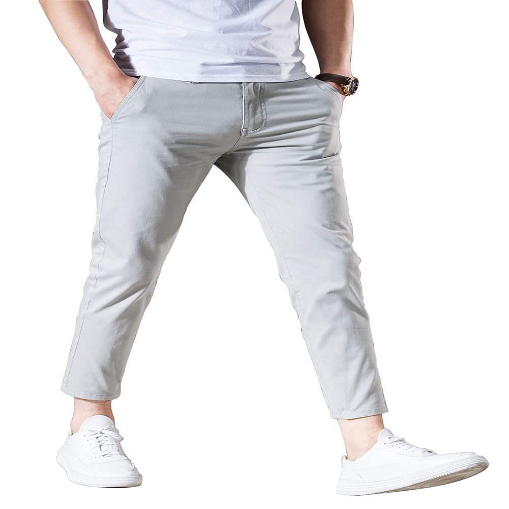 AONGSNNY Mens Cropped Chino Pants Skinny Fit Chinos Khaki Pant 128LightGrey 36