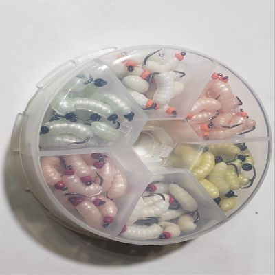 6 DZN - #10 Barbless Hook - BH Rubber Grub Worm with Box - Mixed Pearl Colors