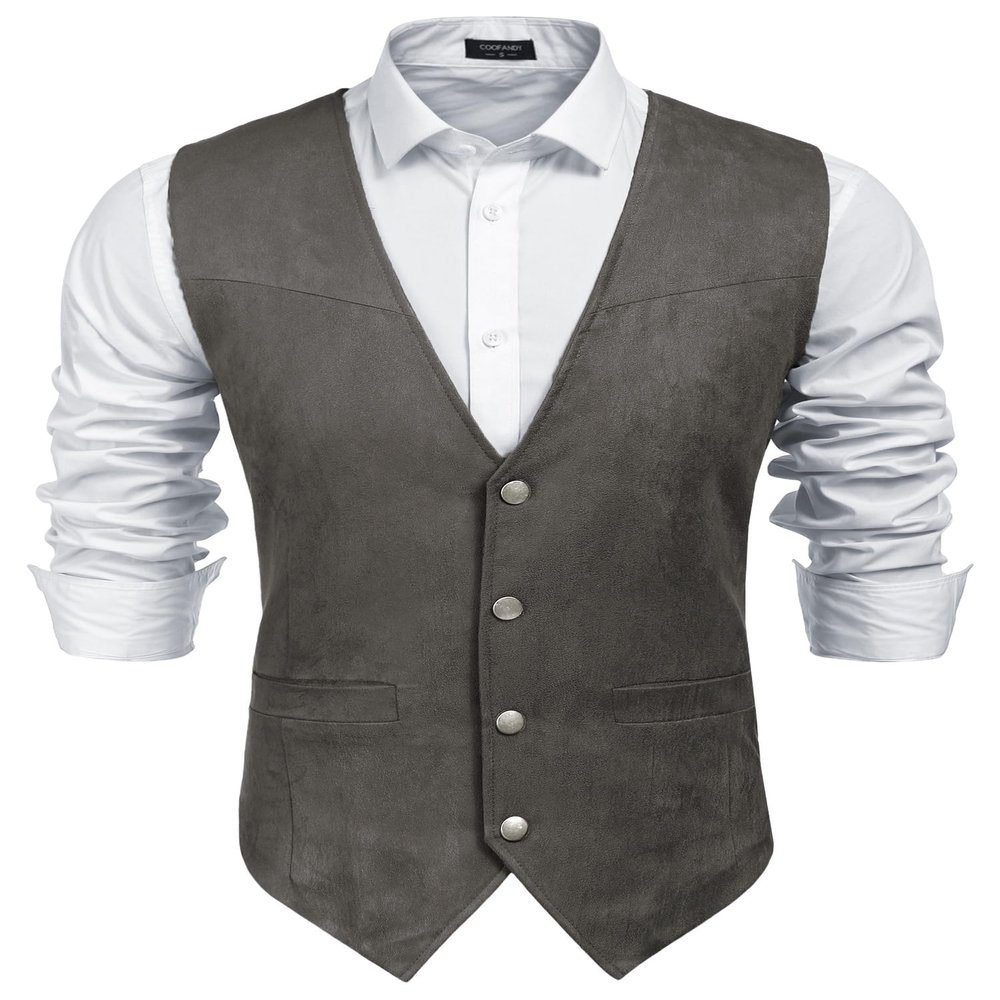 COOFANDY Men's Western Vest Suede Cowboy Vest Casual Slim Fit Waistcoat
