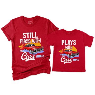 NACRE APPAREL Still Plays with Cars and Plays with Cars Matching Father and Son Mens T-Shirt Gift Red