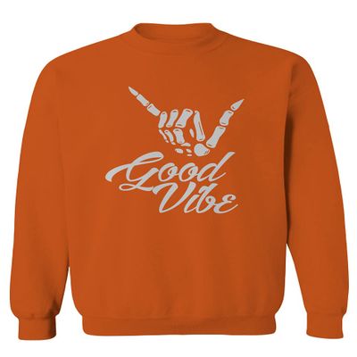0013. Big Good Vibe Bones Hand Shaka Cool Vintage Hipster Graphic Men's Crewneck Sweatshirt (Orange X-Large)