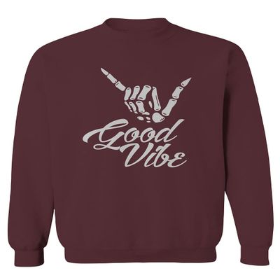 0013. Big Good Vibe Bones Hand Shaka Cool Vintage Hipster Graphic Men's Crewneck Sweatshirt (Maroon Large)