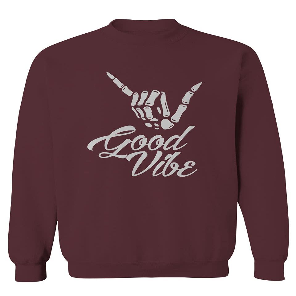 0013. Big Good Vibe Bones Hand Shaka Cool Vintage Hipster Graphic Men's Crewneck Sweatshirt (Maroon Large)