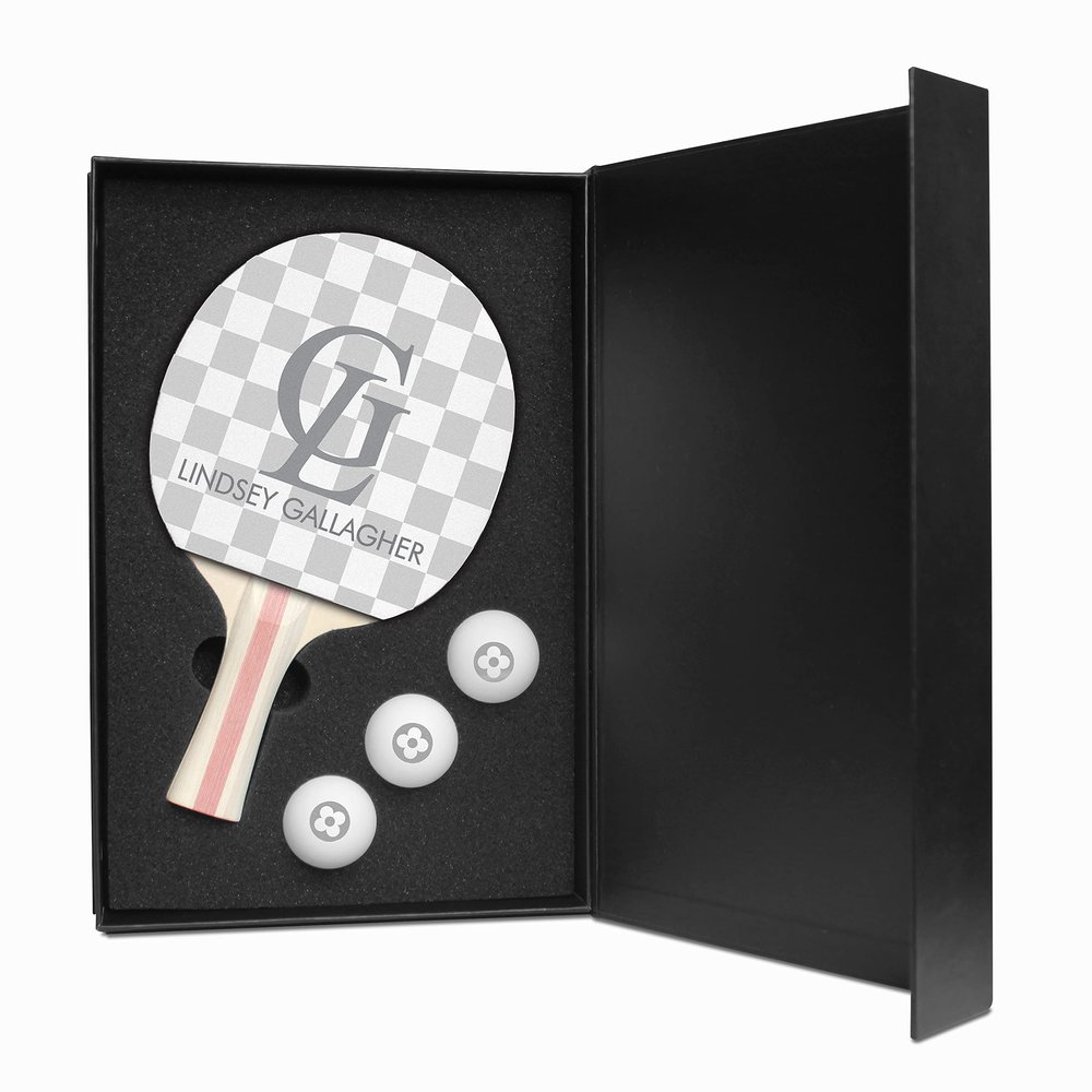 Infusion Table Tennis Paddle and Balls Gift Box Set (Gray/White Checkerboard Design)