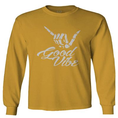 0013. Big Good Vibe Bones Hand Shaka Cool Vintage Hipster Graphic Men's Long Sleeve t Shirt (Gold 2X Large)