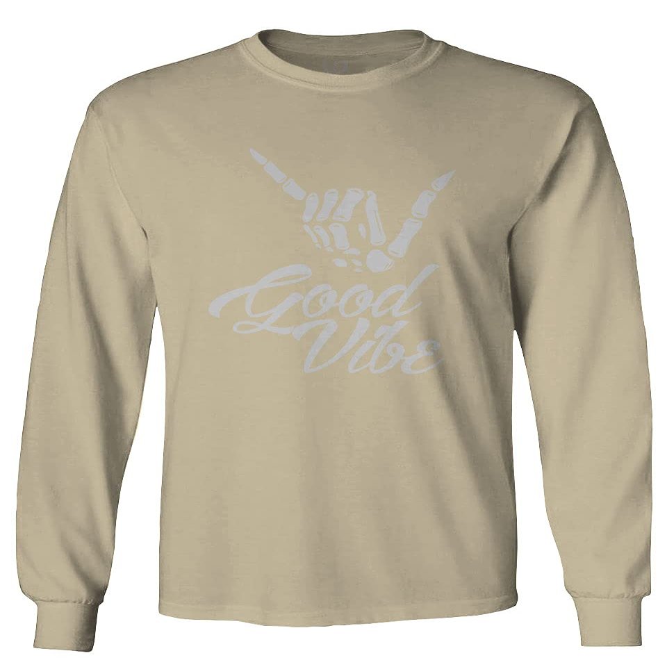 0013. Big Good Vibe Bones Hand Shaka Cool Vintage Hipster Graphic Men's Long Sleeve t Shirt (Beige X-Large)