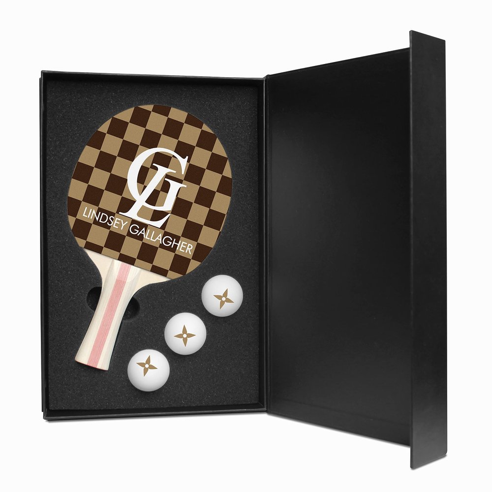 Infusion Table Tennis Paddle and Balls Gift Box Set (Maroon/Tan Checkerboard Design)